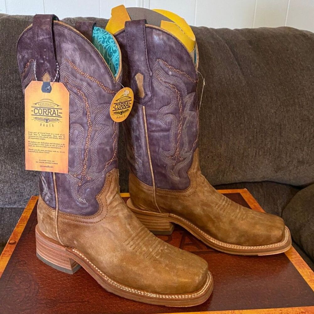 NWT Corral Distressed Sand/Purple Square Toe Cowgirl Boots Size 6.5